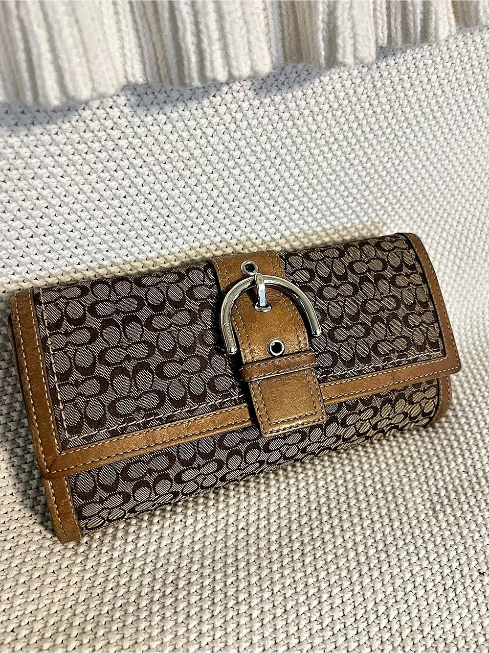 Coach Signature Buckle Accordion Zip Wallet or Checkbook Wallet Brown